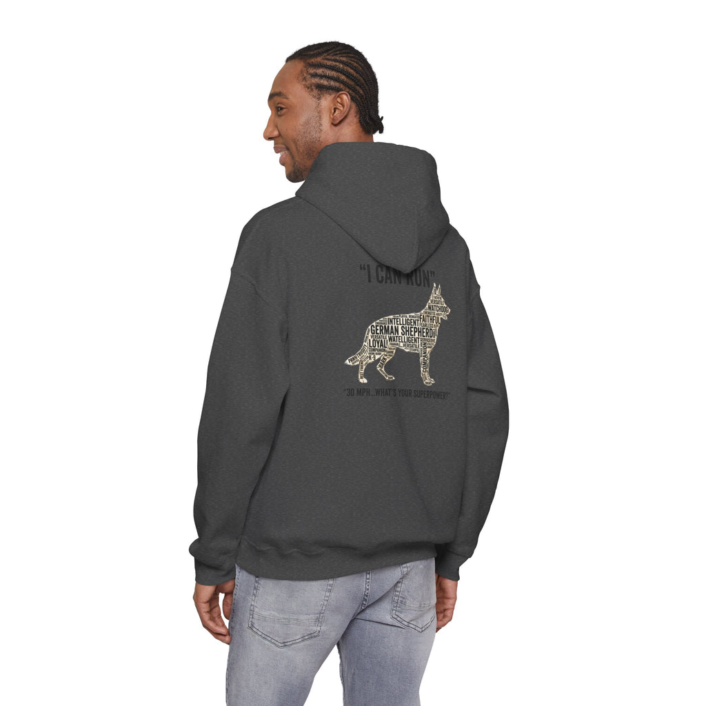German Shepherd Hoodie - "I Can Run What's Your SuperPower" - Word Cloud Dog Silhouette Graphic Sweatshirt