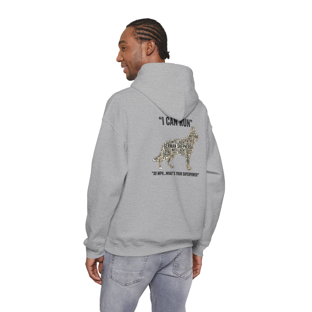 German Shepherd Hoodie - "I Can Run What's Your SuperPower" - Word Cloud Dog Silhouette Graphic Sweatshirt