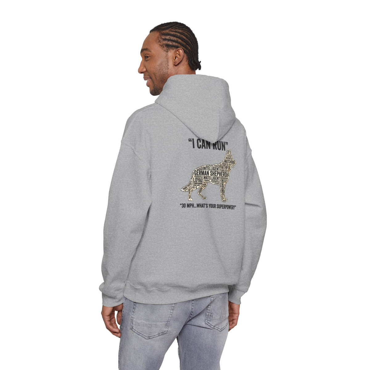 German Shepherd Hoodie - "I Can Run What's Your SuperPower" - Word Cloud Dog Silhouette Graphic Sweatshirt
