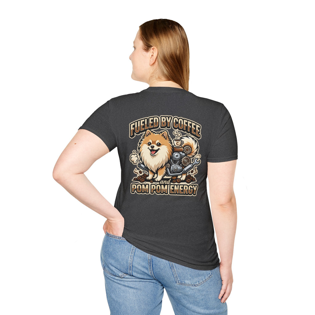 Pomeranian Pom Pom Coffee Pomeranian T-Shirt — “Fueled by Coffee and Pom Pom Energy”