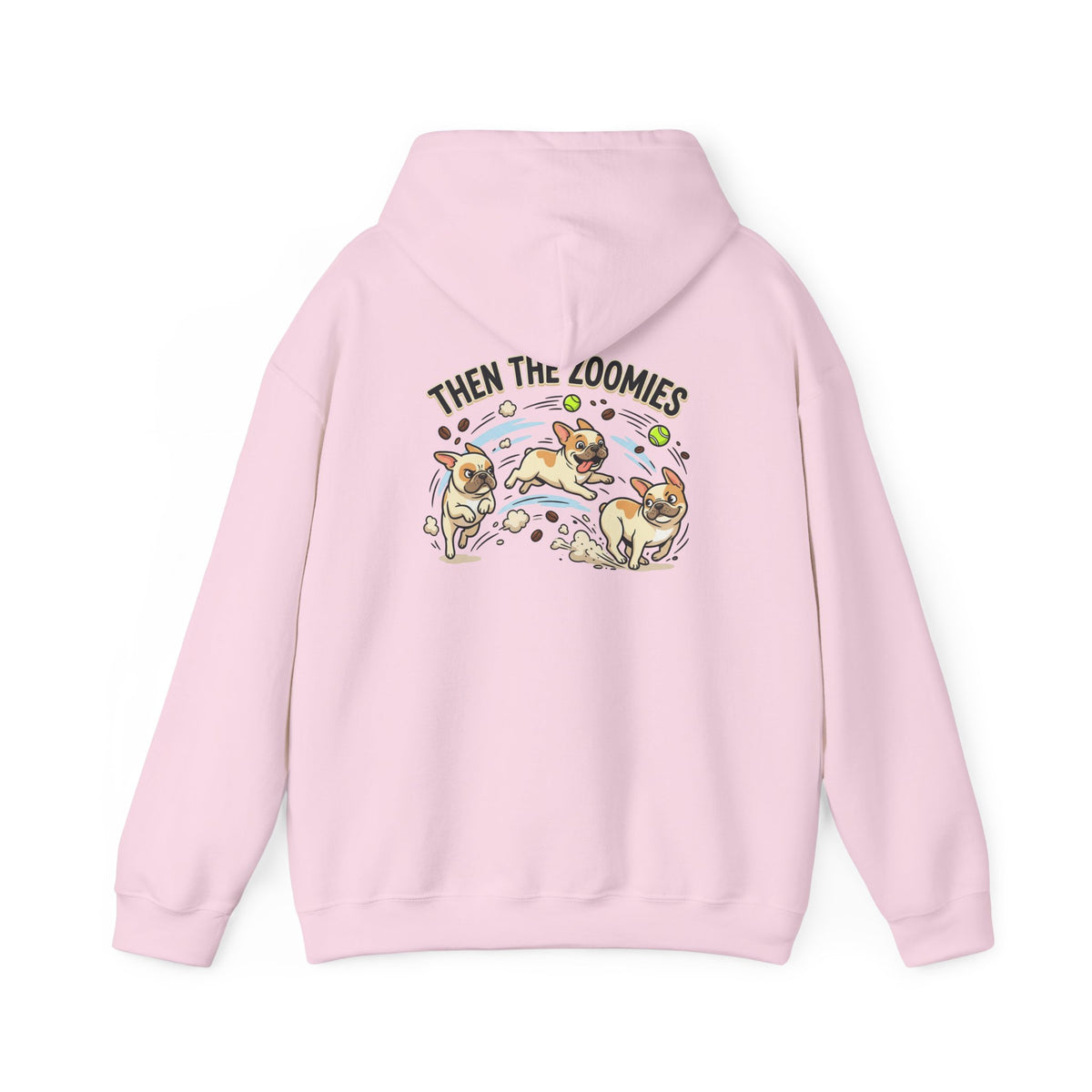 French Bulldog Coffee First Hoodie — 'Then The Zoomies' Graphic Pullover