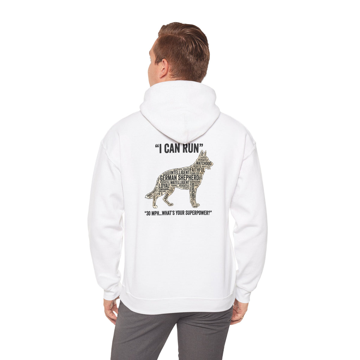 German Shepherd Hoodie - "I Can Run What's Your SuperPower" - Word Cloud Dog Silhouette Graphic Sweatshirt