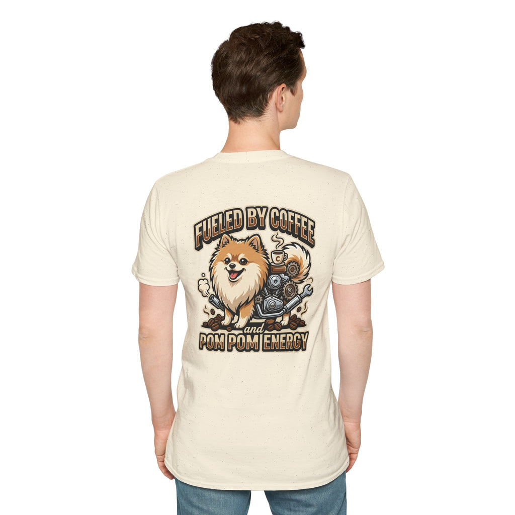 Pomeranian Pom Pom Coffee Pomeranian T-Shirt — “Fueled by Coffee and Pom Pom Energy”