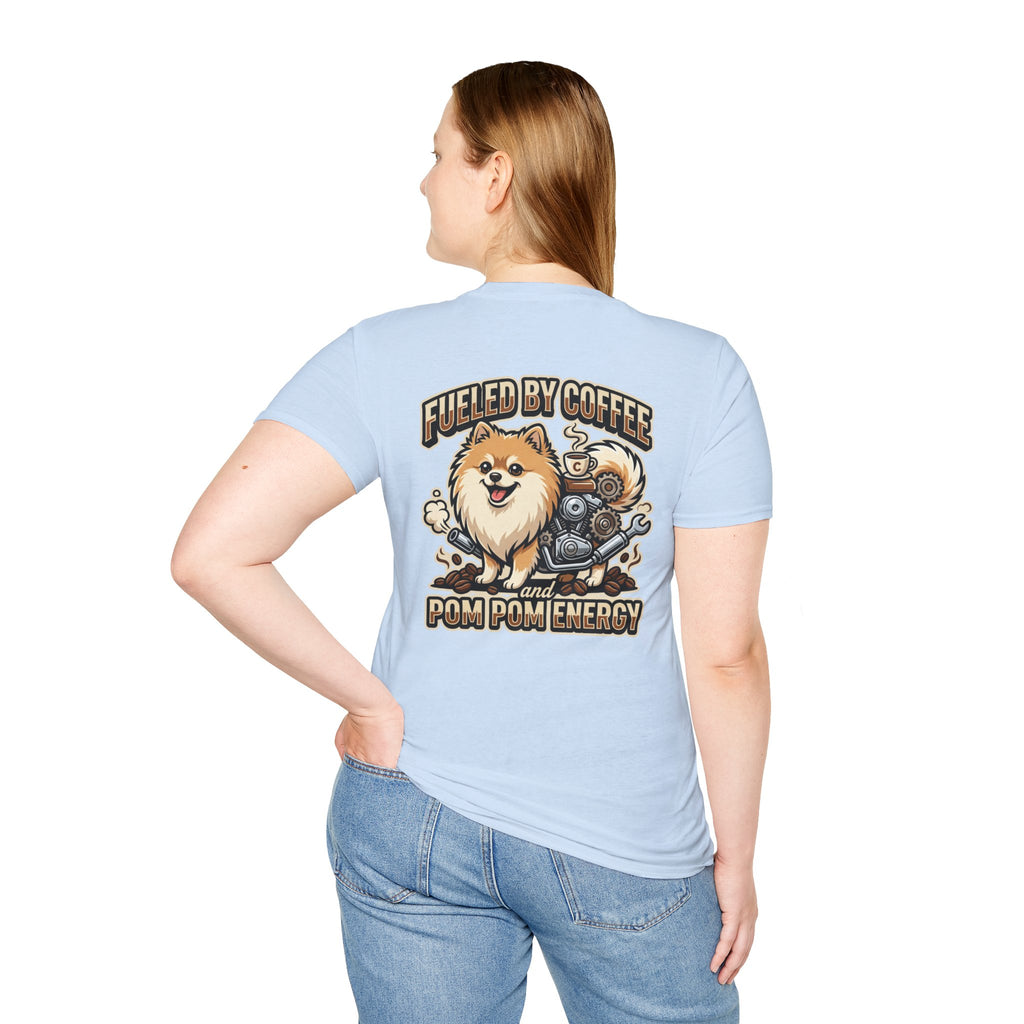 Pomeranian Pom Pom Coffee Pomeranian T-Shirt — “Fueled by Coffee and Pom Pom Energy”