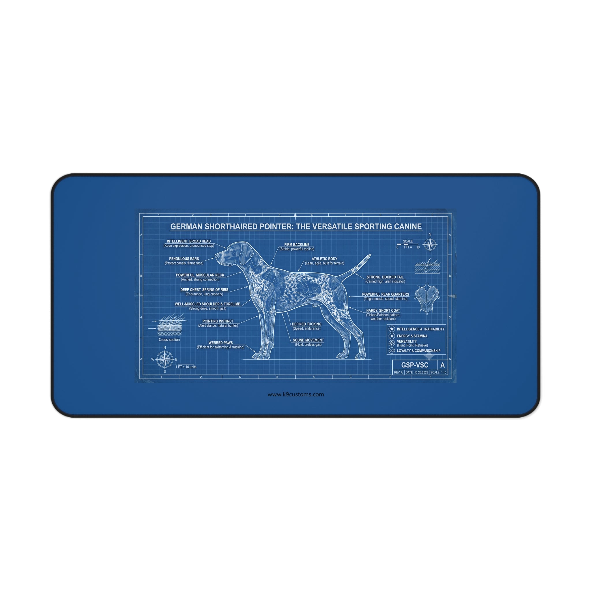German Shorthaired Pointer Blueprint Desk Mat — Dog Anatomy Mouse Pad