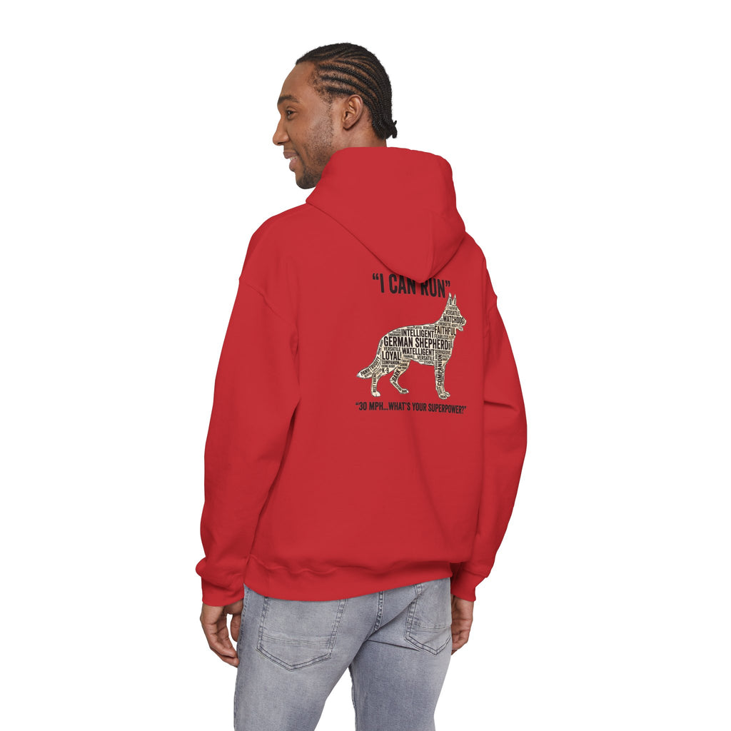 German Shepherd Hoodie - "I Can Run What's Your SuperPower" - Word Cloud Dog Silhouette Graphic Sweatshirt