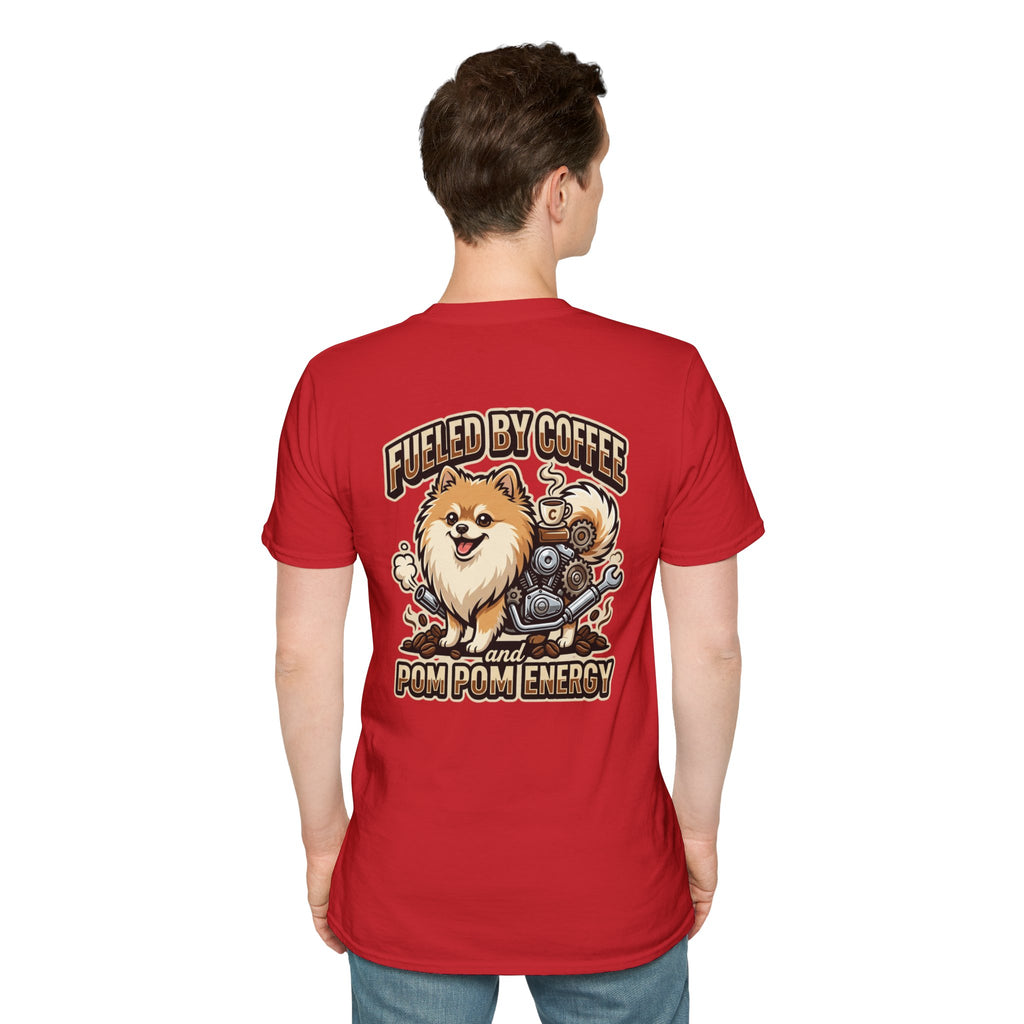 Pomeranian Pom Pom Coffee Pomeranian T-Shirt — “Fueled by Coffee and Pom Pom Energy”