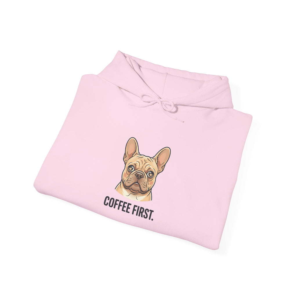 French Bulldog Coffee First Hoodie — 'Then The Zoomies' Graphic Pullover