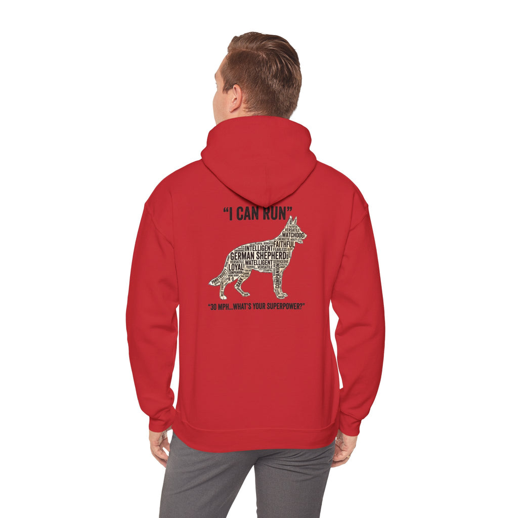German Shepherd Hoodie - "I Can Run What's Your SuperPower" - Word Cloud Dog Silhouette Graphic Sweatshirt