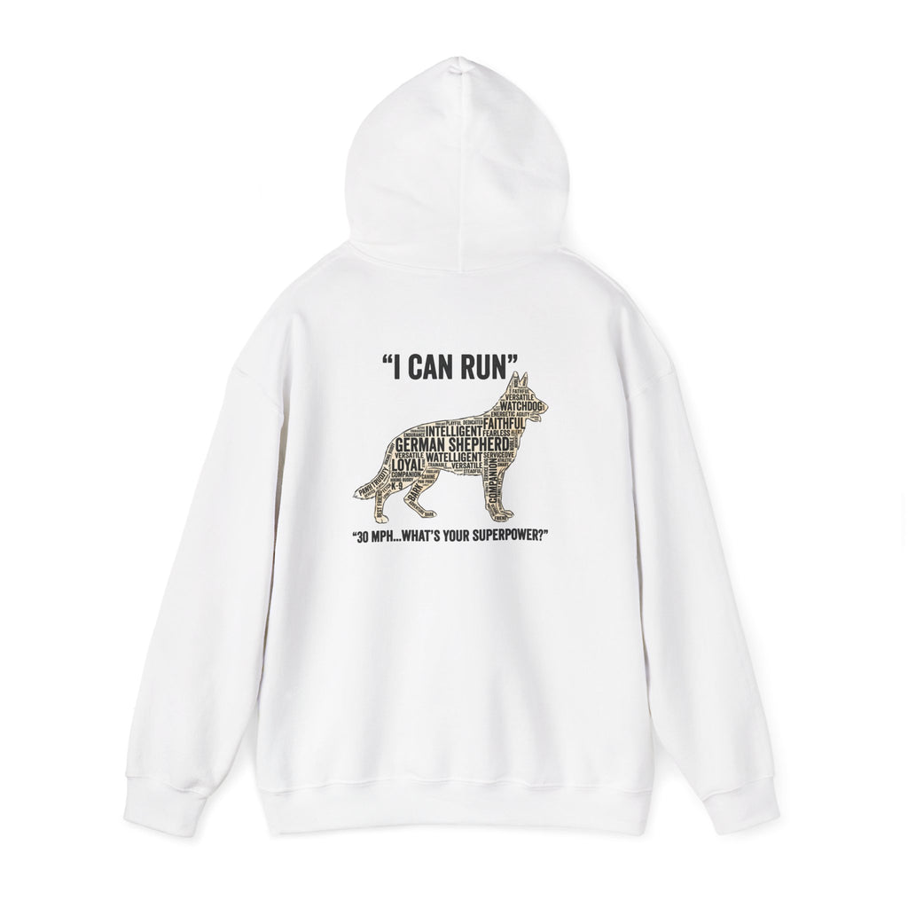 German Shepherd Hoodie - "I Can Run What's Your SuperPower" - Word Cloud Dog Silhouette Graphic Sweatshirt