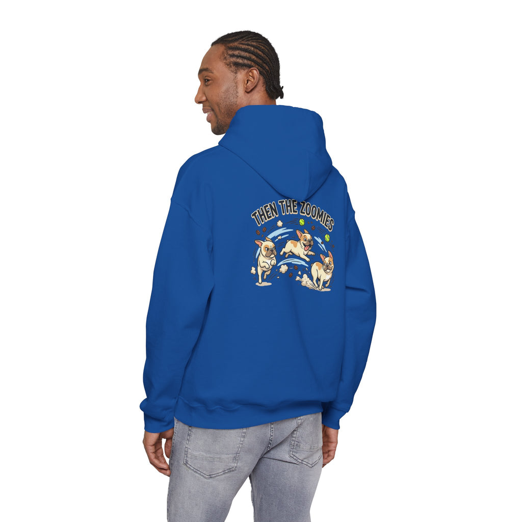 French Bulldog Coffee First Hoodie — 'Then The Zoomies' Graphic Pullover