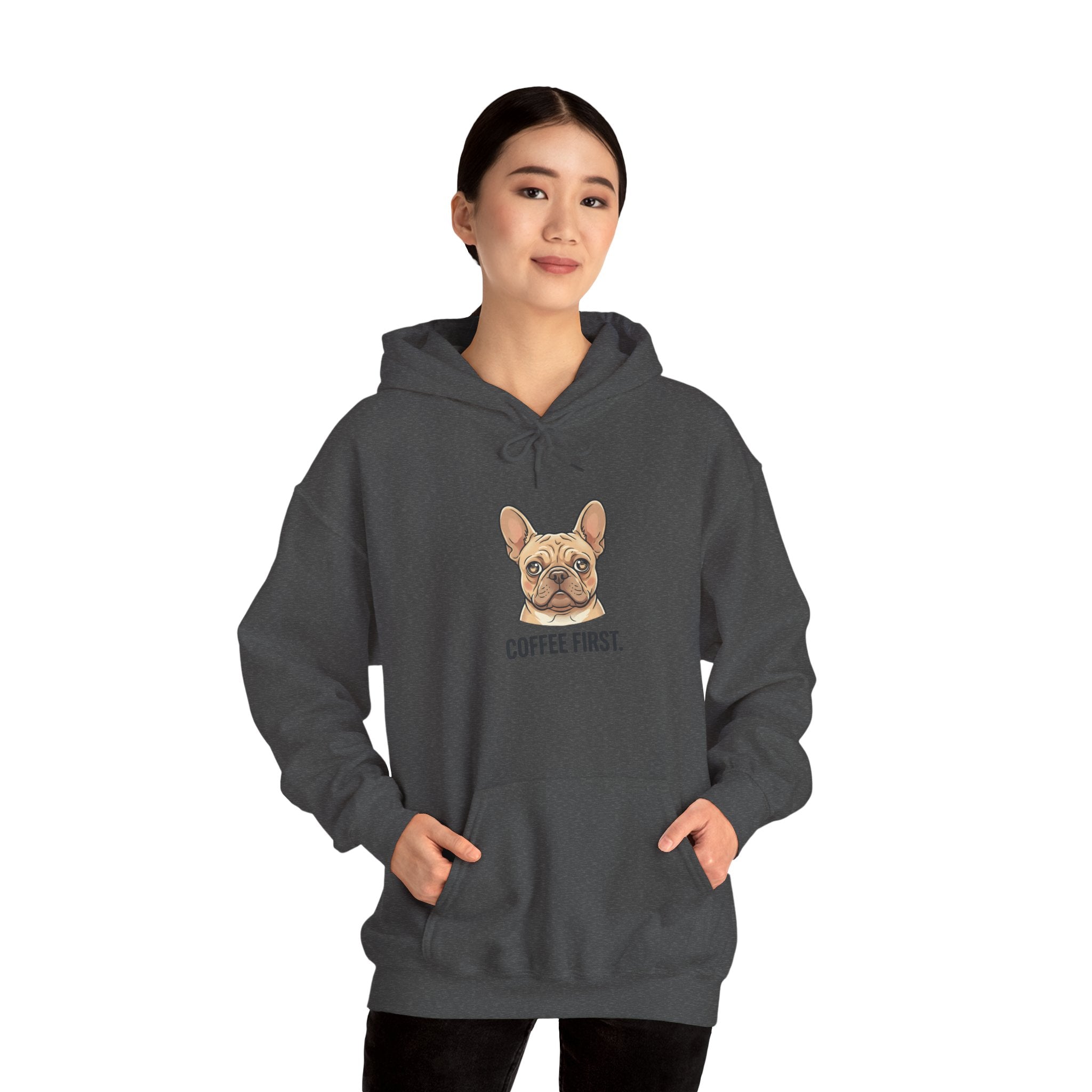 French Bulldog Coffee First Hoodie — 'Then The Zoomies' Graphic Pullover