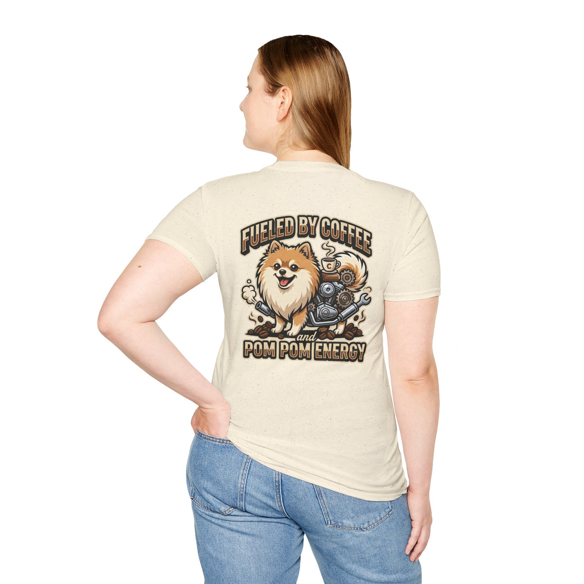 Pomeranian Pom Pom Coffee Pomeranian T-Shirt — “Fueled by Coffee and Pom Pom Energy”