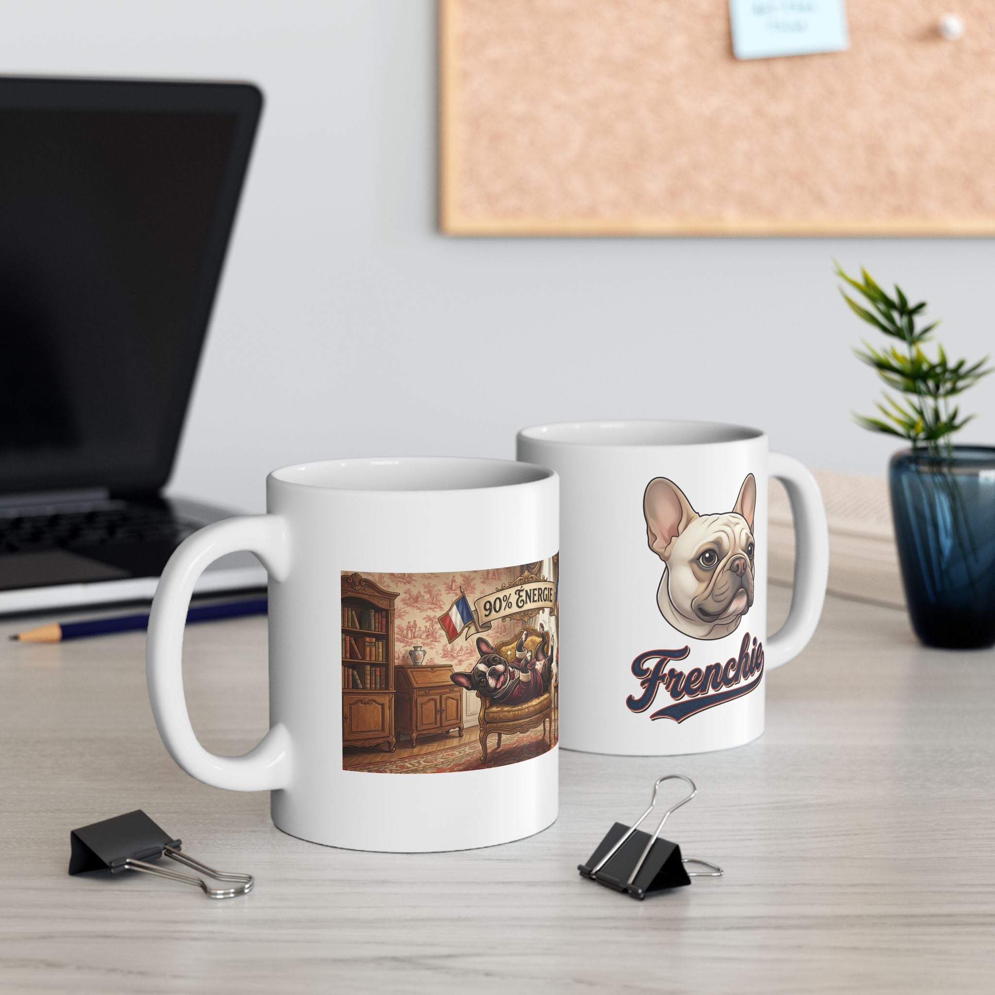 French Bulldog 90% Energy Ceramic Mug – Cozy Library & Fireplace Coffee Cup (11oz/15oz)