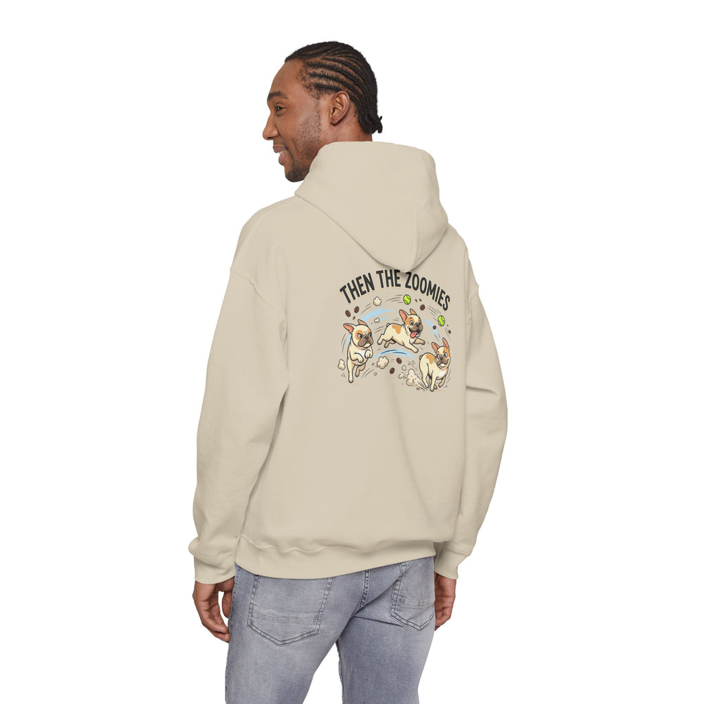 French Bulldog Coffee First Hoodie — 'Then The Zoomies' Graphic Pullover