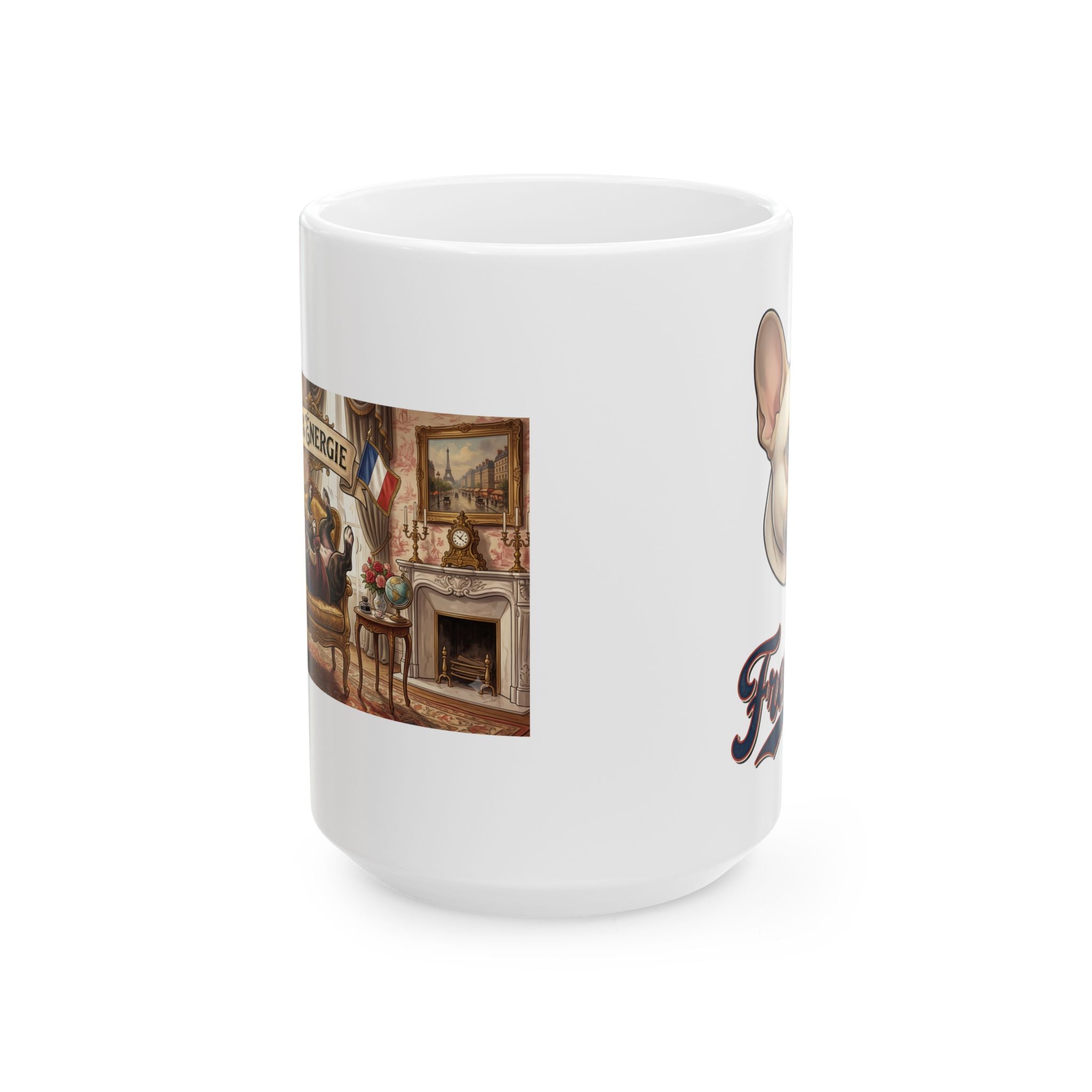 French Bulldog 90% Energy Ceramic Mug – Cozy Library & Fireplace Coffee Cup (11oz/15oz)