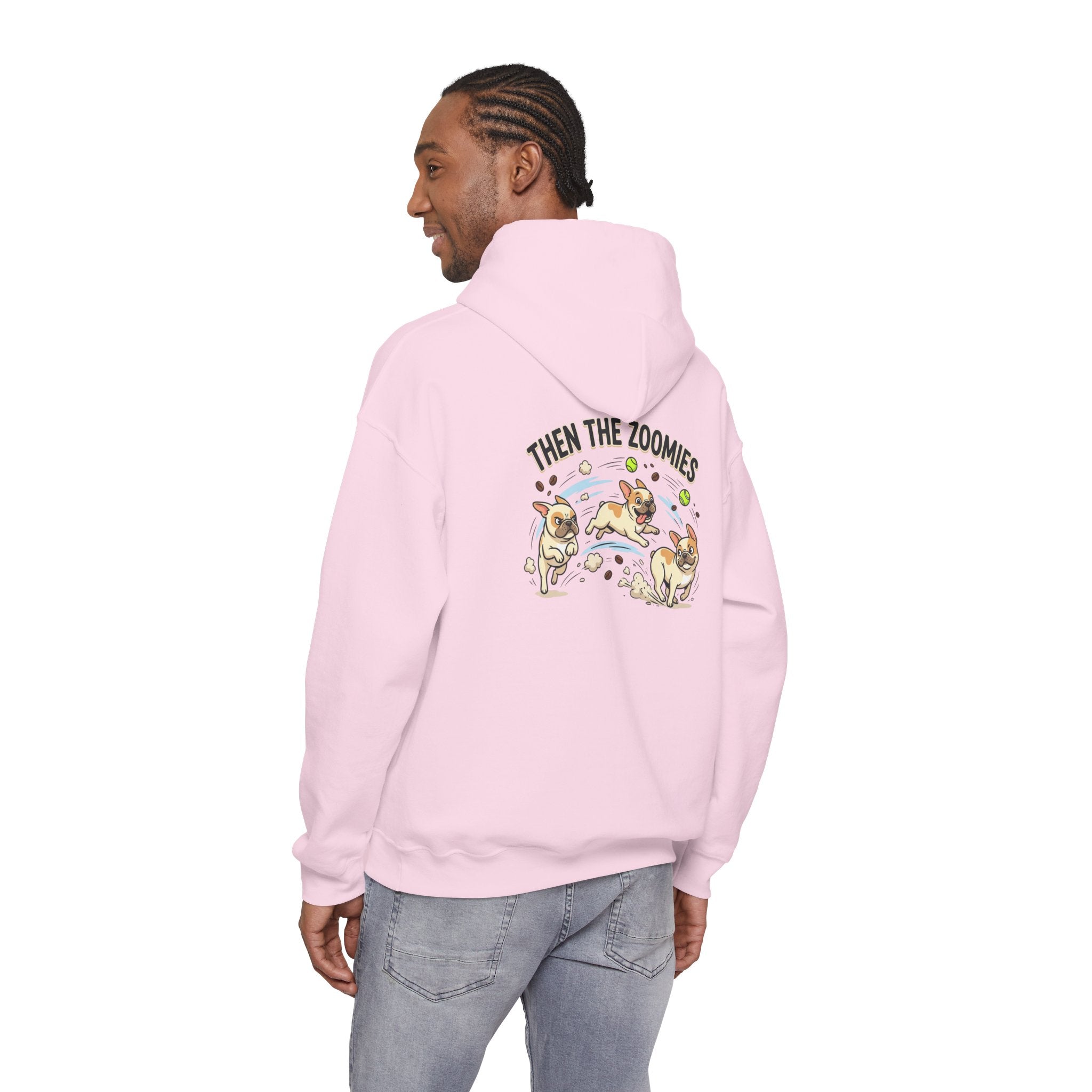 French Bulldog Coffee First Hoodie — 'Then The Zoomies' Graphic Pullover