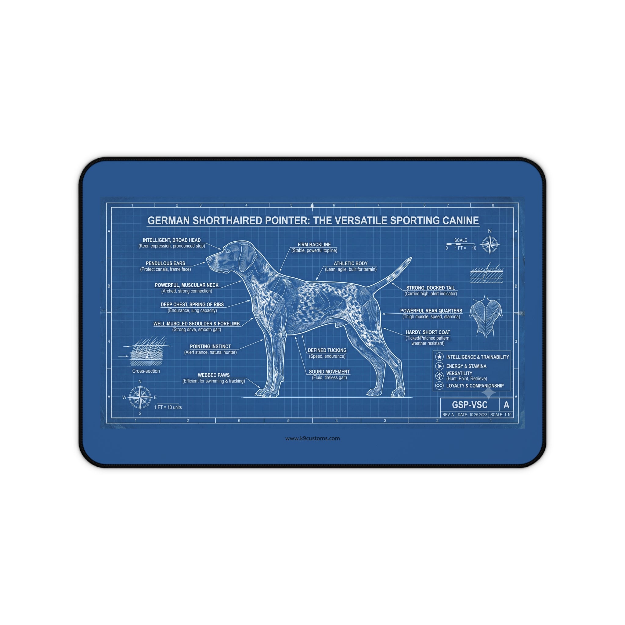 German Shorthaired Pointer Blueprint Desk Mat — Dog Anatomy Mouse Pad