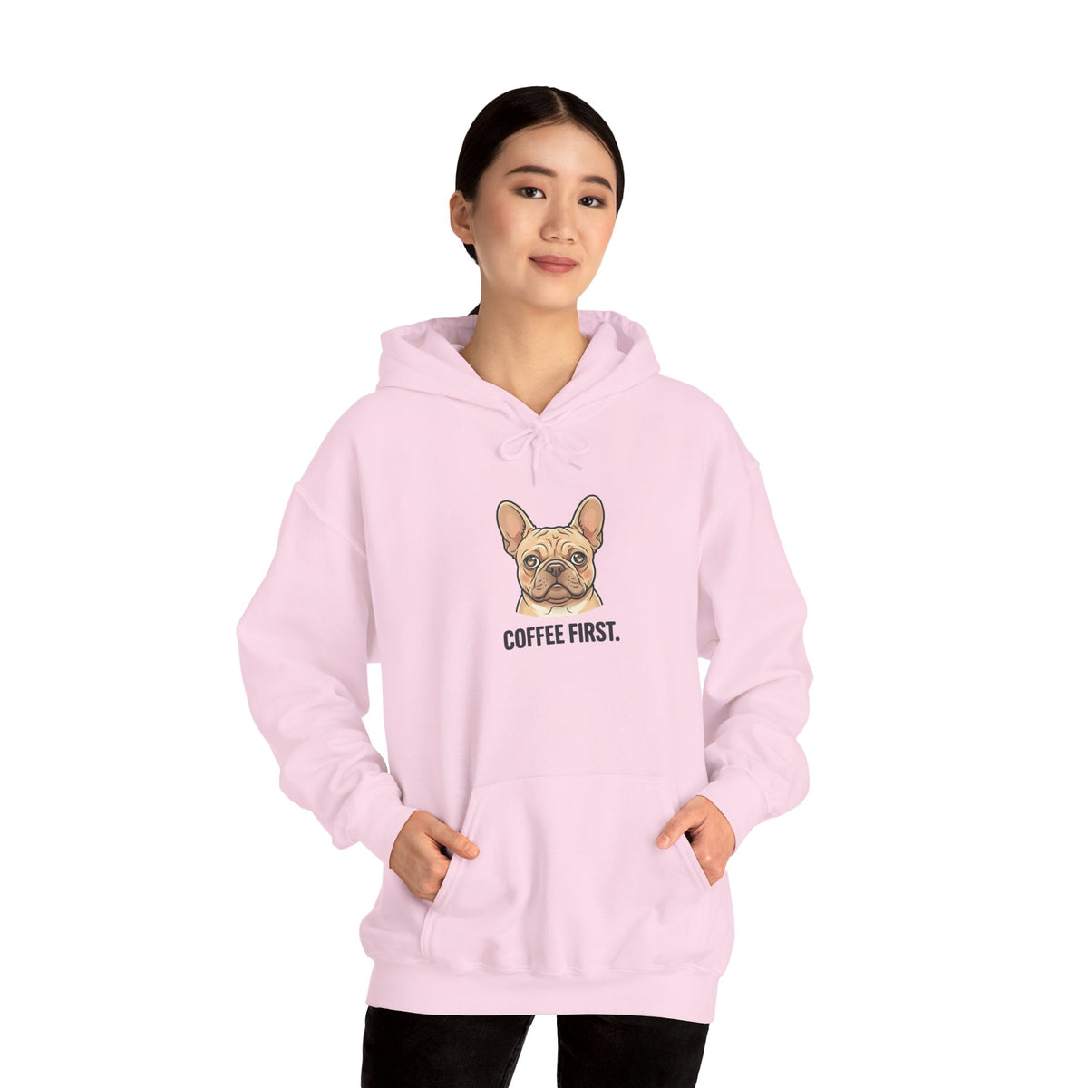 French Bulldog Coffee First Hoodie — 'Then The Zoomies' Graphic Pullover