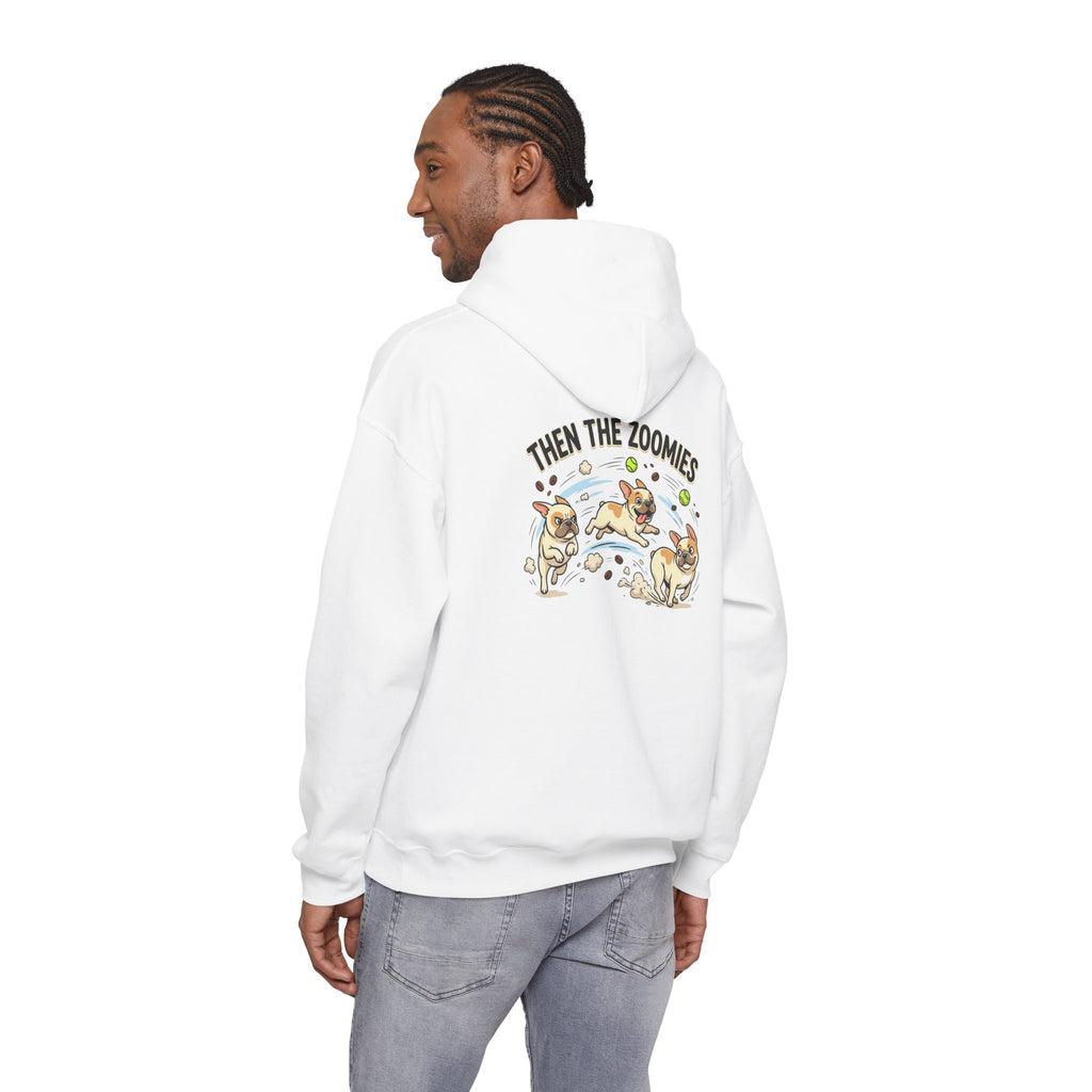 French Bulldog Coffee First Hoodie — 'Then The Zoomies' Graphic Pullover