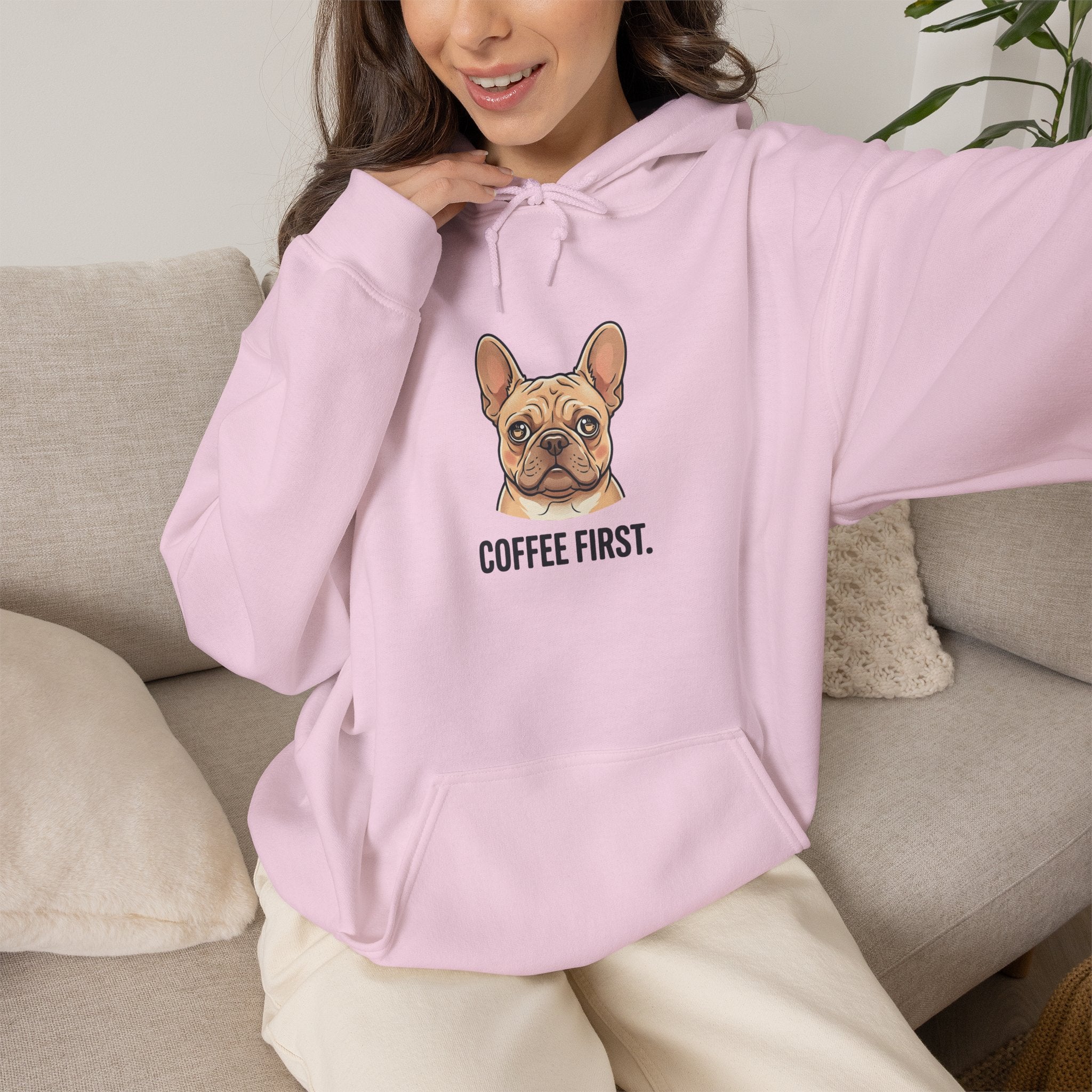 French Bulldog Coffee First Hoodie — 'Then The Zoomies' Graphic Pullover
