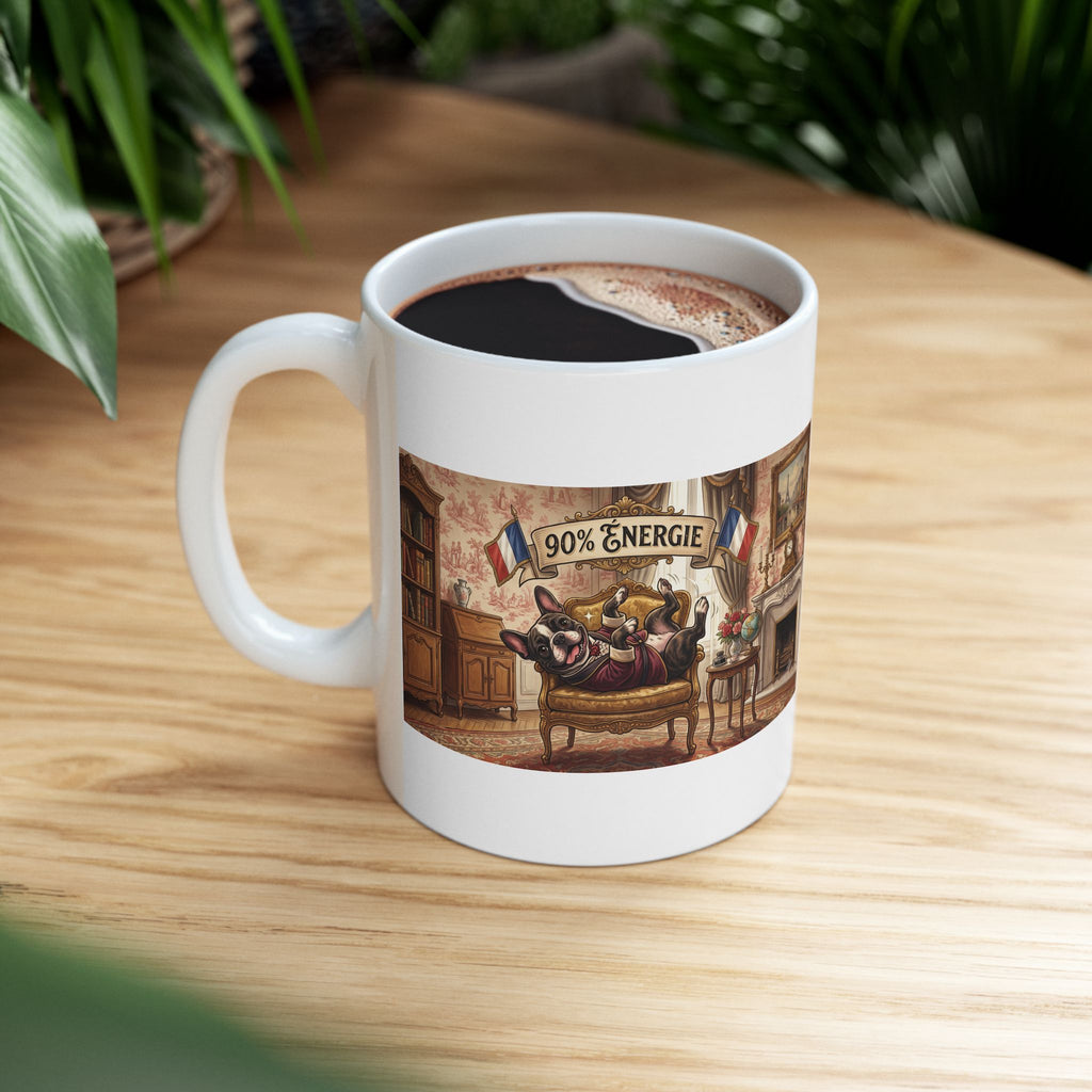 French Bulldog 90% Energy Ceramic Mug – Cozy Library & Fireplace Coffee Cup (11oz/15oz)