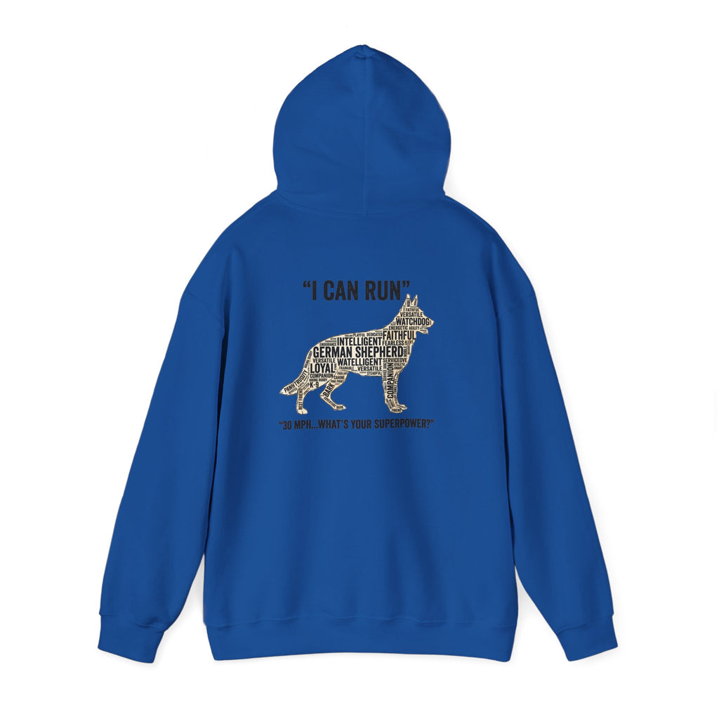 German Shepherd Hoodie - "I Can Run What's Your SuperPower" - Word Cloud Dog Silhouette Graphic Sweatshirt