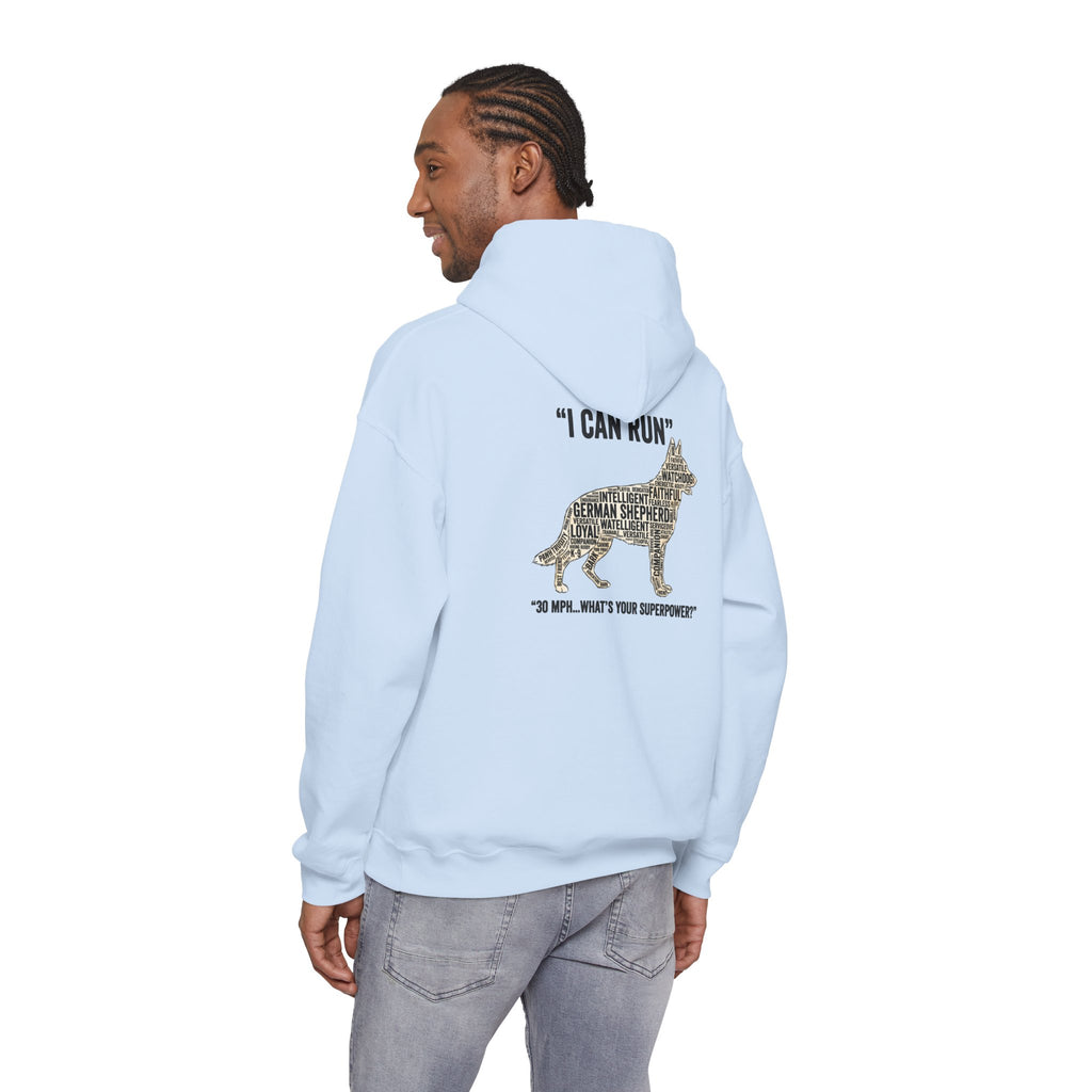German Shepherd Hoodie - "I Can Run What's Your SuperPower" - Word Cloud Dog Silhouette Graphic Sweatshirt