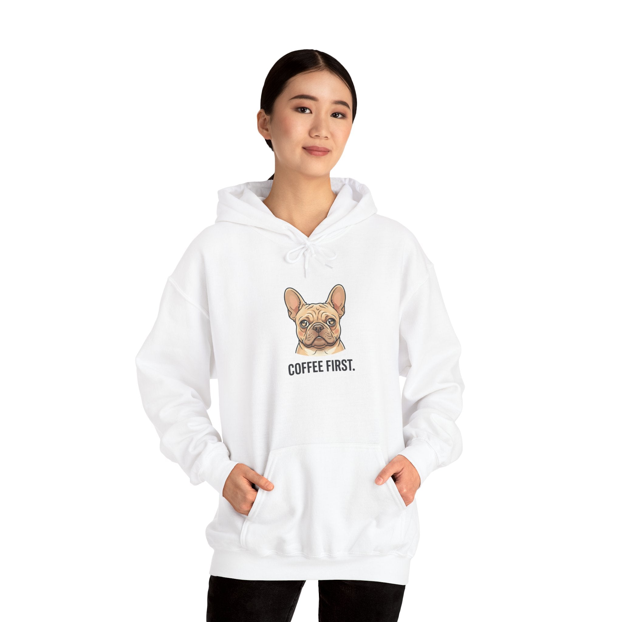 French Bulldog Coffee First Hoodie — 'Then The Zoomies' Graphic Pullover