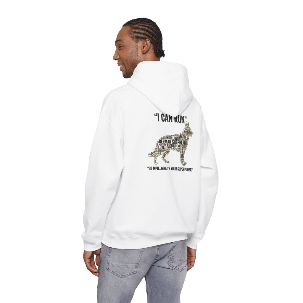 German Shepherd Hoodie - "I Can Run What's Your SuperPower" - Word Cloud Dog Silhouette Graphic Sweatshirt