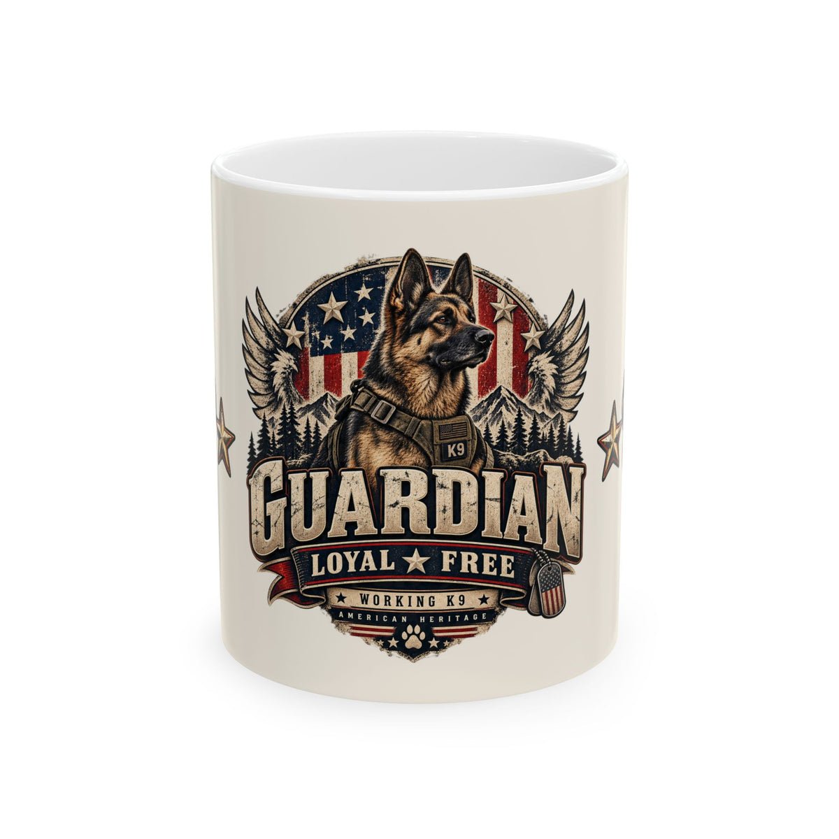 Guardian K9 Ceramic Mug – Loyal & Free American Flag German Shepherd Coffee Cup (11oz/15oz)
