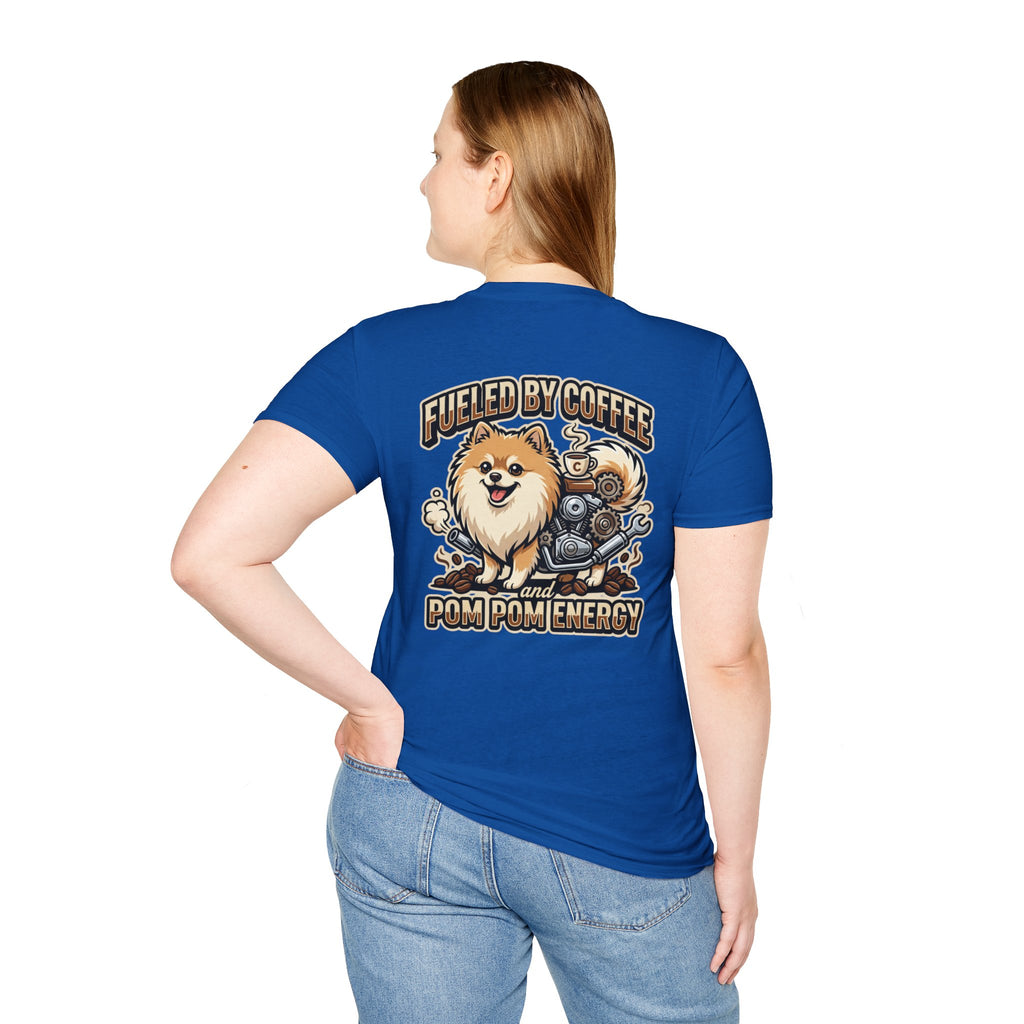 Pomeranian Pom Pom Coffee Pomeranian T-Shirt — “Fueled by Coffee and Pom Pom Energy”