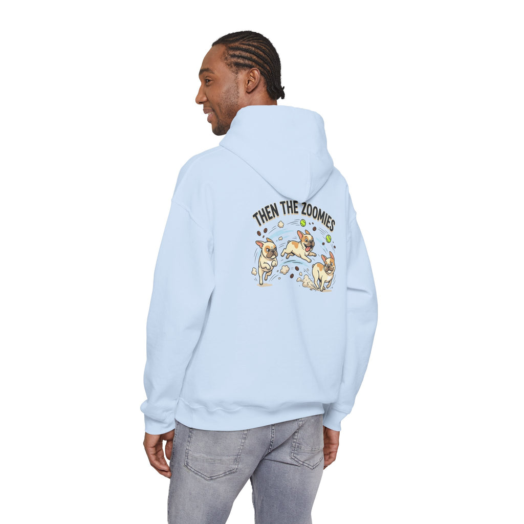 French Bulldog Coffee First Hoodie — 'Then The Zoomies' Graphic Pullover