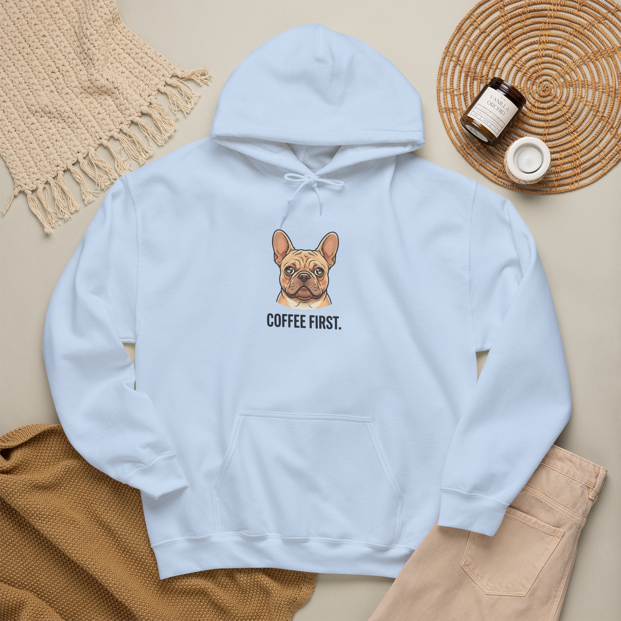 French Bulldog Coffee First Hoodie — 'Then The Zoomies' Graphic Pullover