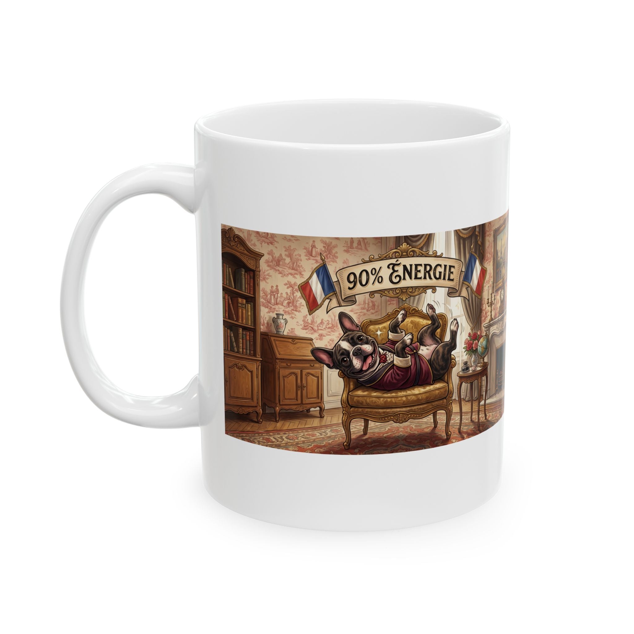 French Bulldog 90% Energy Ceramic Mug – Cozy Library & Fireplace Coffee Cup (11oz/15oz)