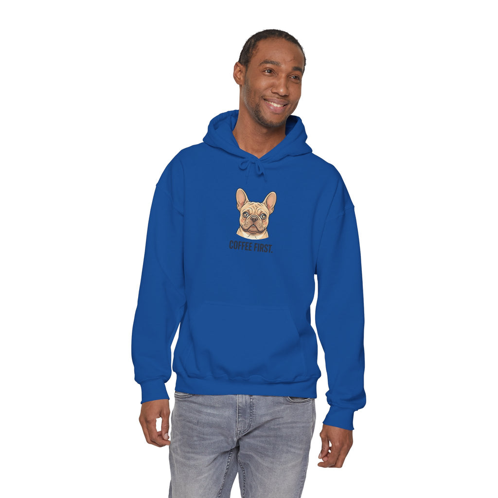 French Bulldog Coffee First Hoodie — 'Then The Zoomies' Graphic Pullover
