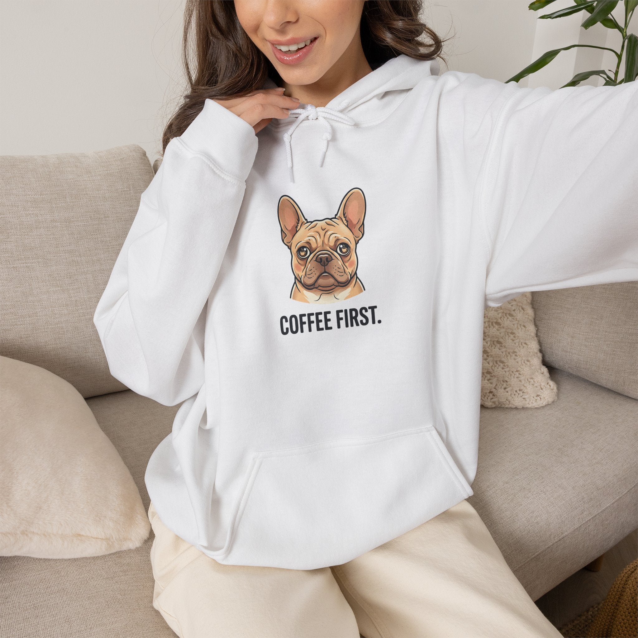 French Bulldog Coffee First Hoodie — 'Then The Zoomies' Graphic Pullover