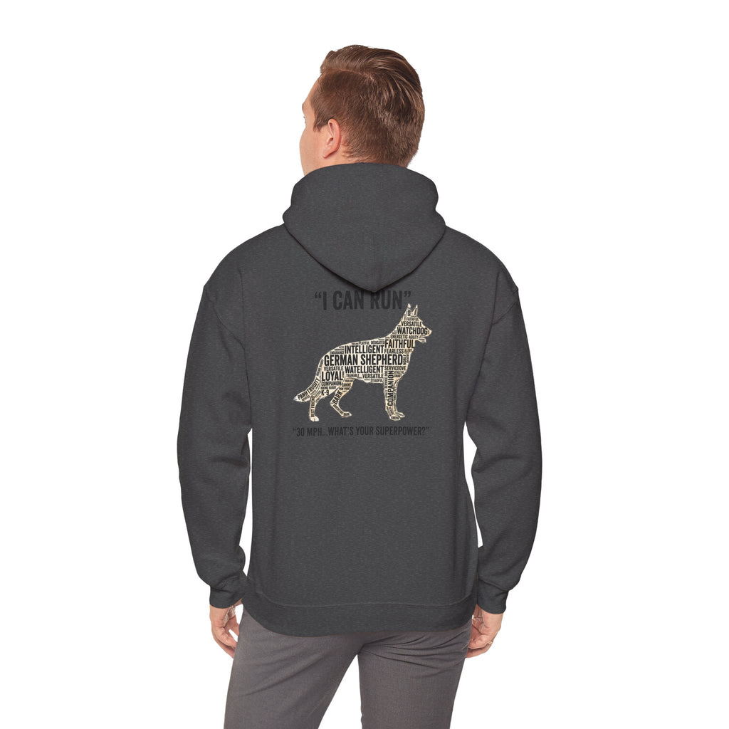 German Shepherd Hoodie - "I Can Run What's Your SuperPower" - Word Cloud Dog Silhouette Graphic Sweatshirt