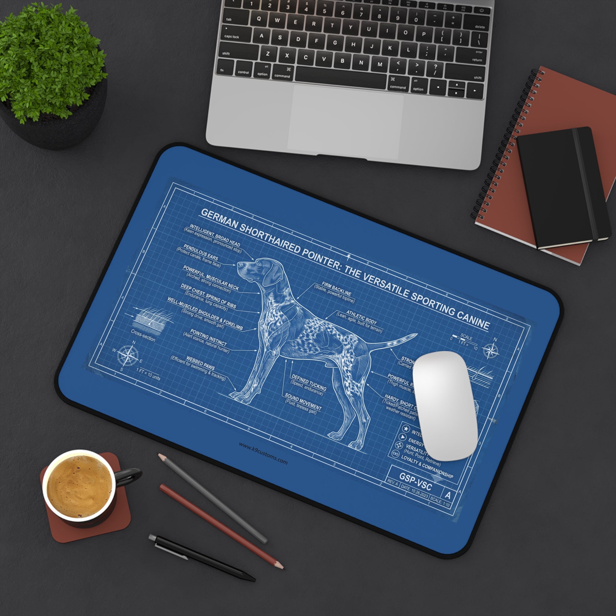German Shorthaired Pointer Blueprint Desk Mat — Dog Anatomy Mouse Pad