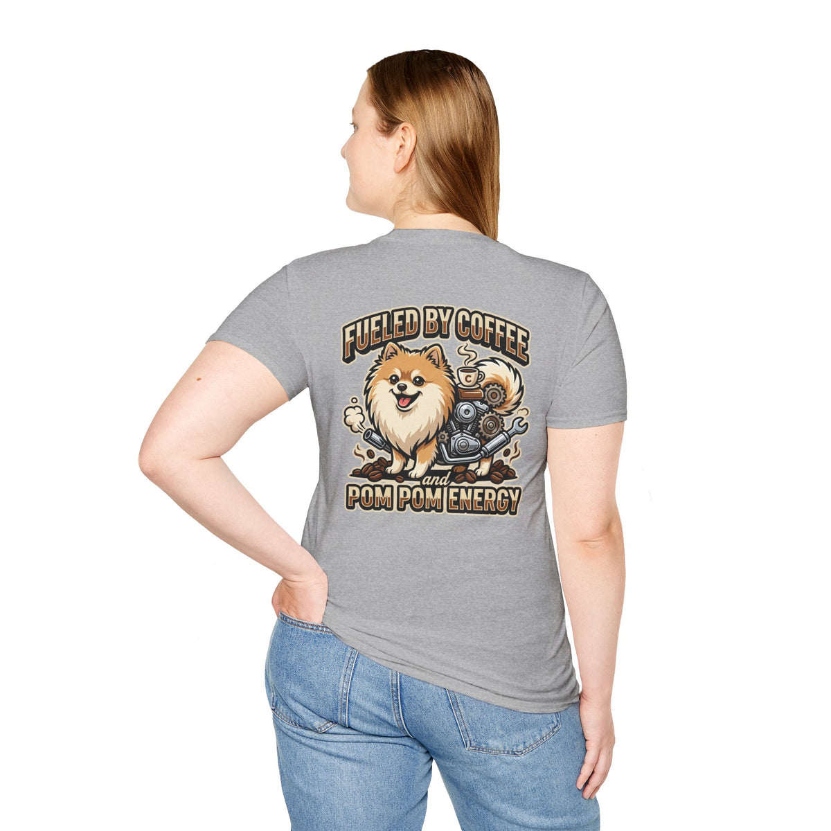 Pomeranian Pom Pom Coffee Pomeranian T-Shirt — “Fueled by Coffee and Pom Pom Energy”
