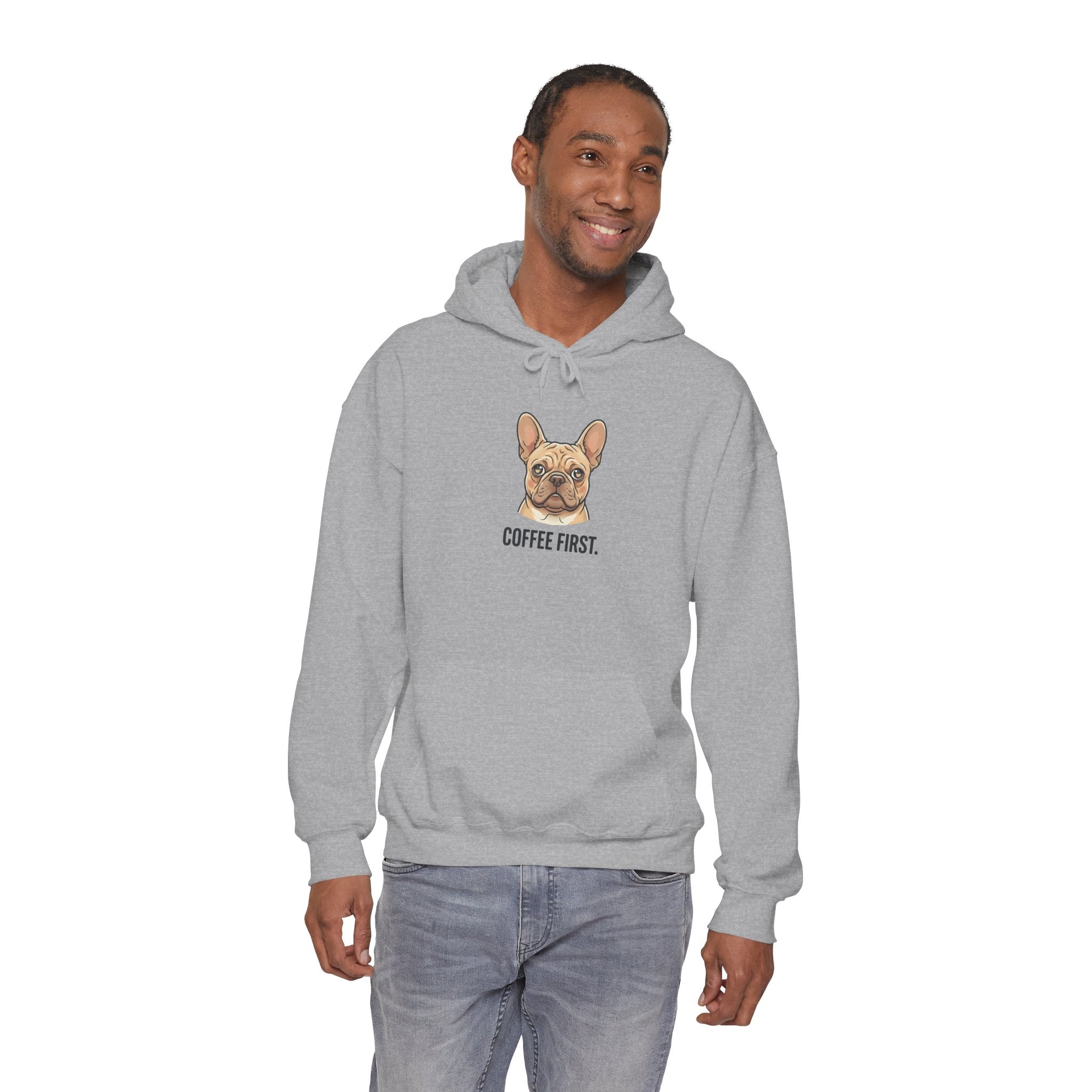 French Bulldog Coffee First Hoodie — 'Then The Zoomies' Graphic Pullover