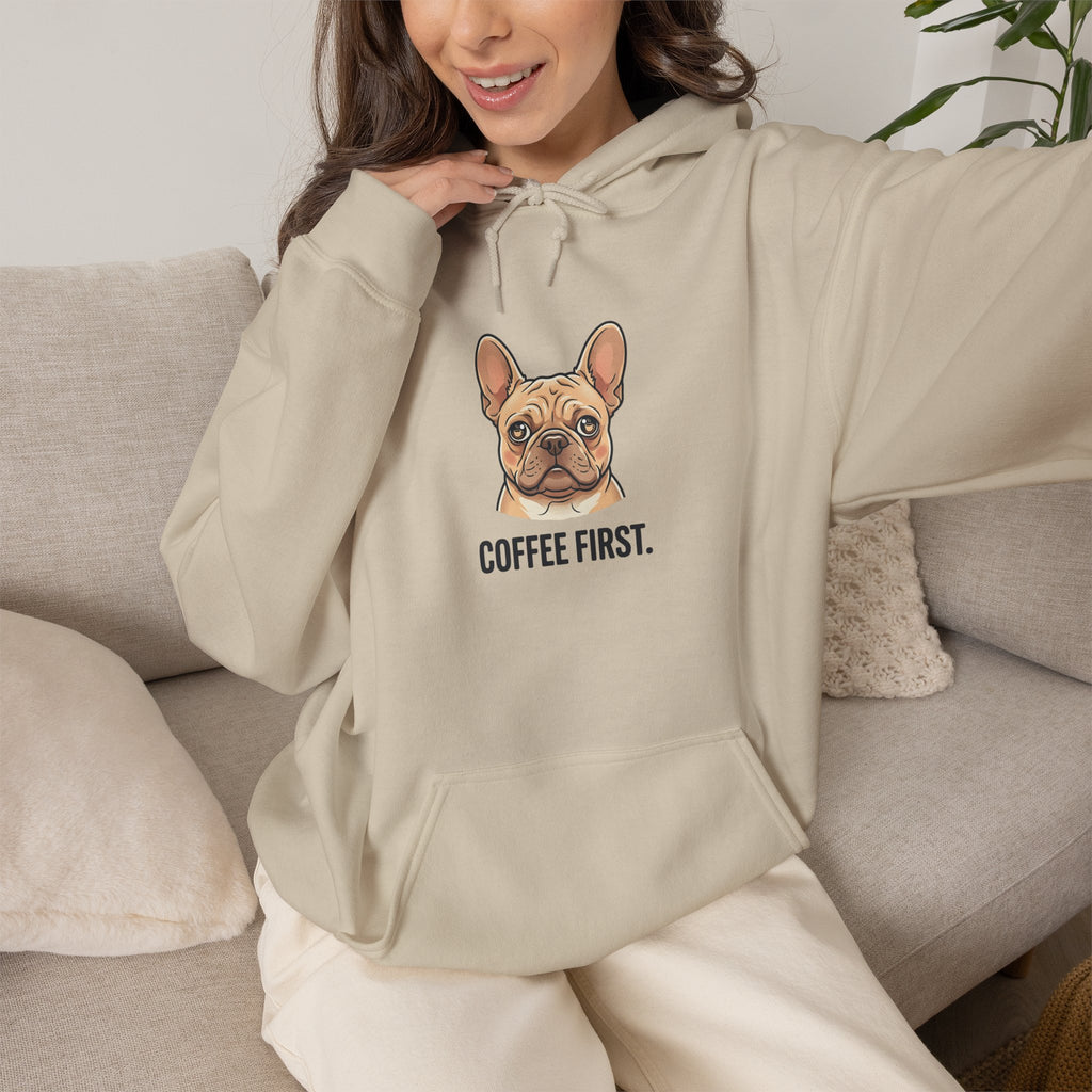 French Bulldog Coffee First Hoodie — 'Then The Zoomies' Graphic Pullover