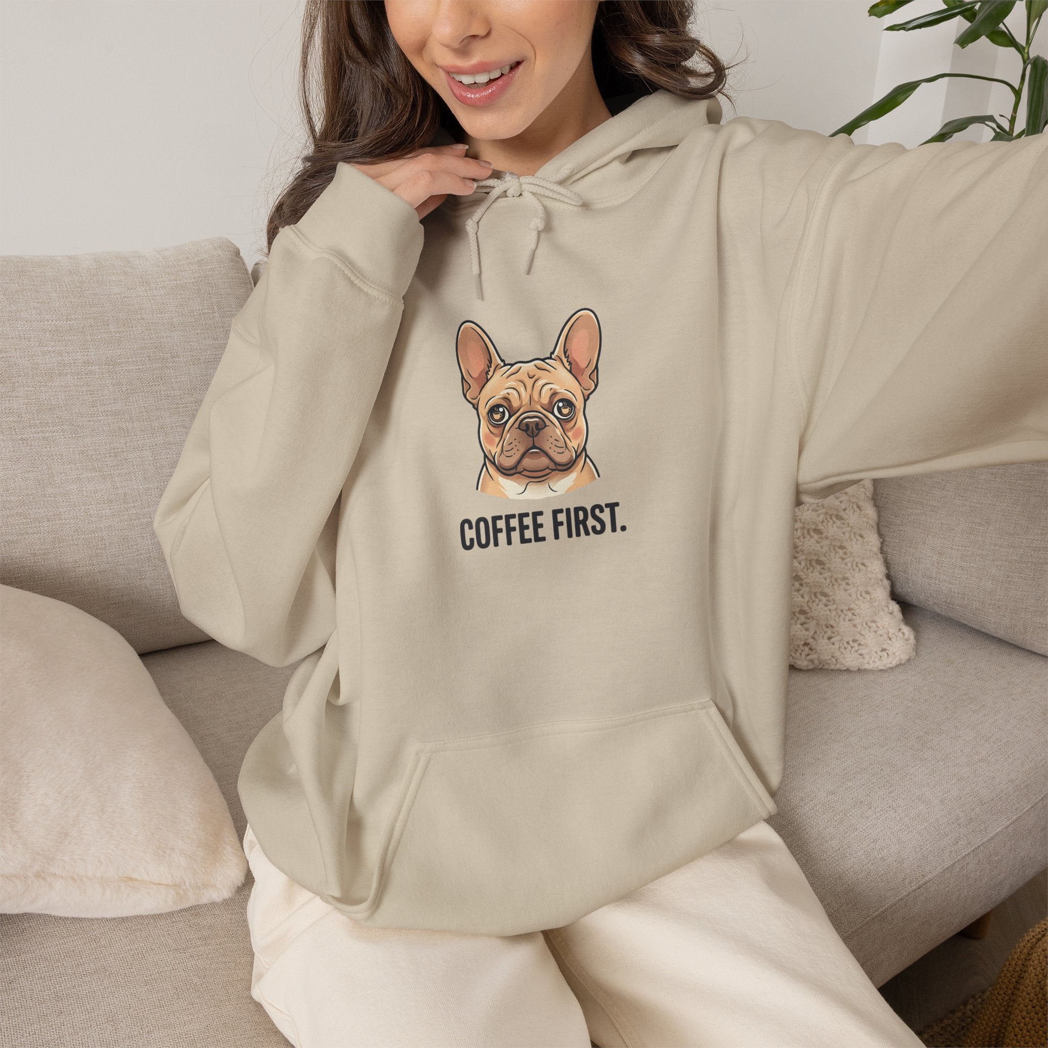 French Bulldog Coffee First Hoodie — 'Then The Zoomies' Graphic Pullover