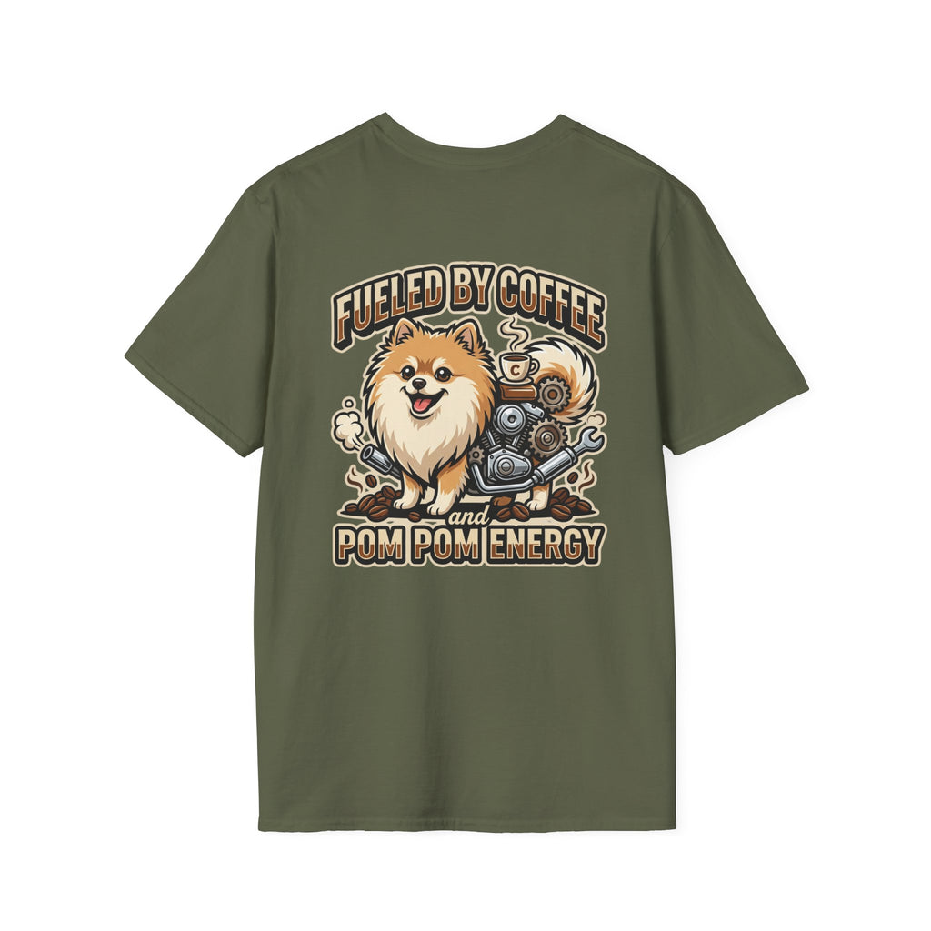 Pomeranian Pom Pom Coffee Pomeranian T-Shirt — “Fueled by Coffee and Pom Pom Energy”