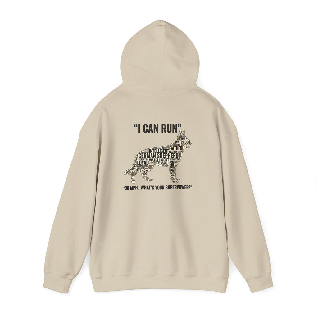 German Shepherd Hoodie - "I Can Run What's Your SuperPower" - Word Cloud Dog Silhouette Graphic Sweatshirt