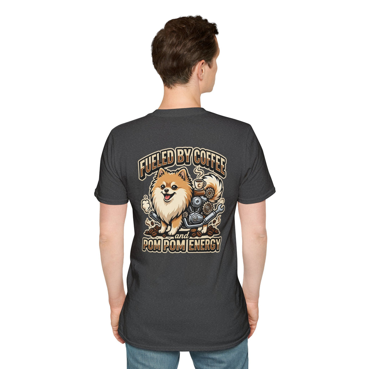 Pomeranian Pom Pom Coffee Pomeranian T-Shirt — “Fueled by Coffee and Pom Pom Energy”