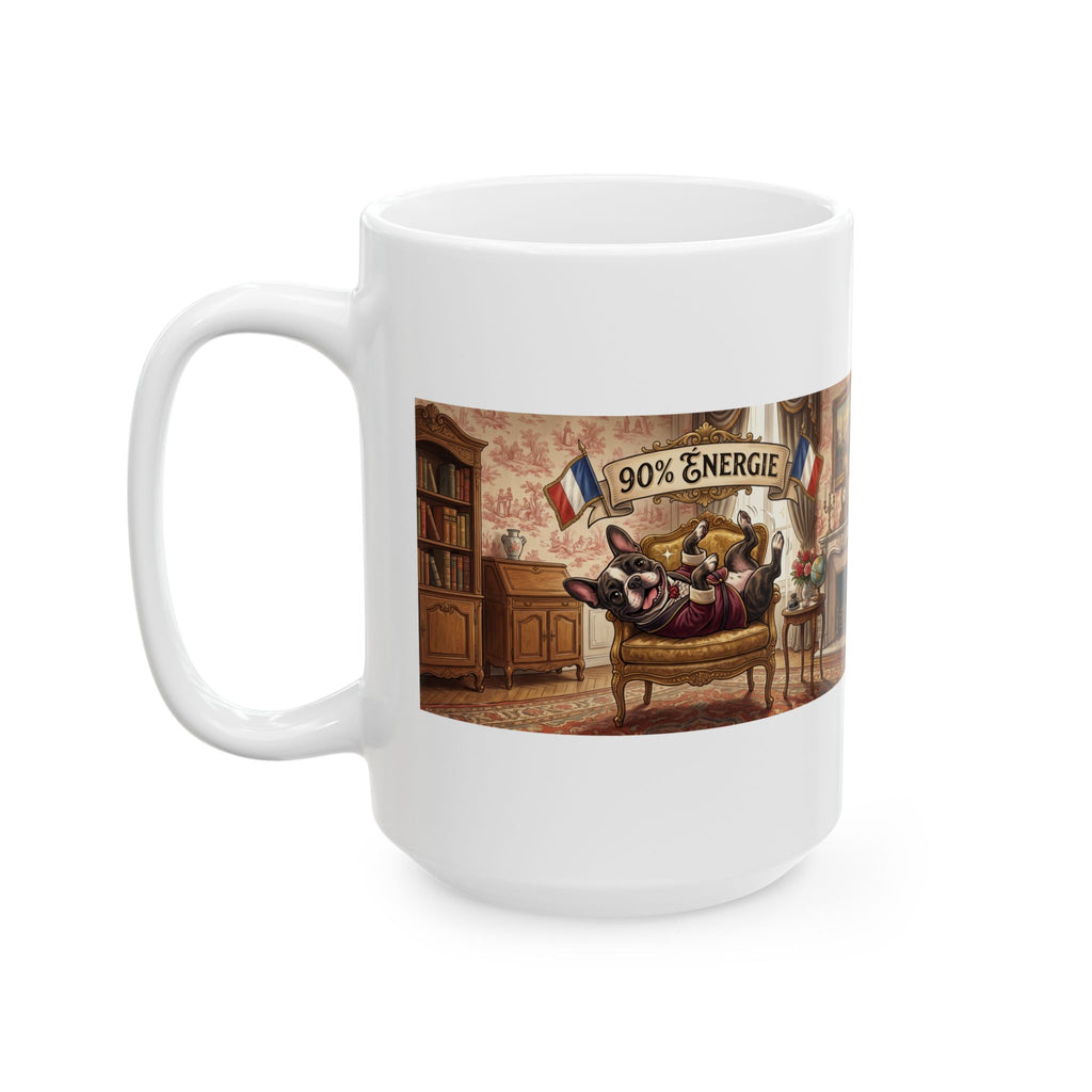 French Bulldog 90% Energy Ceramic Mug – Cozy Library & Fireplace Coffee Cup (11oz/15oz)