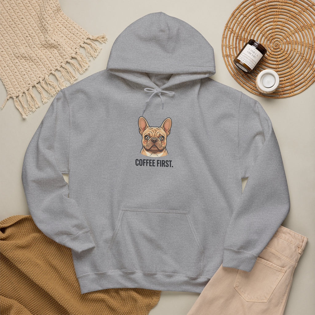 French Bulldog Coffee First Hoodie — 'Then The Zoomies' Graphic Pullover