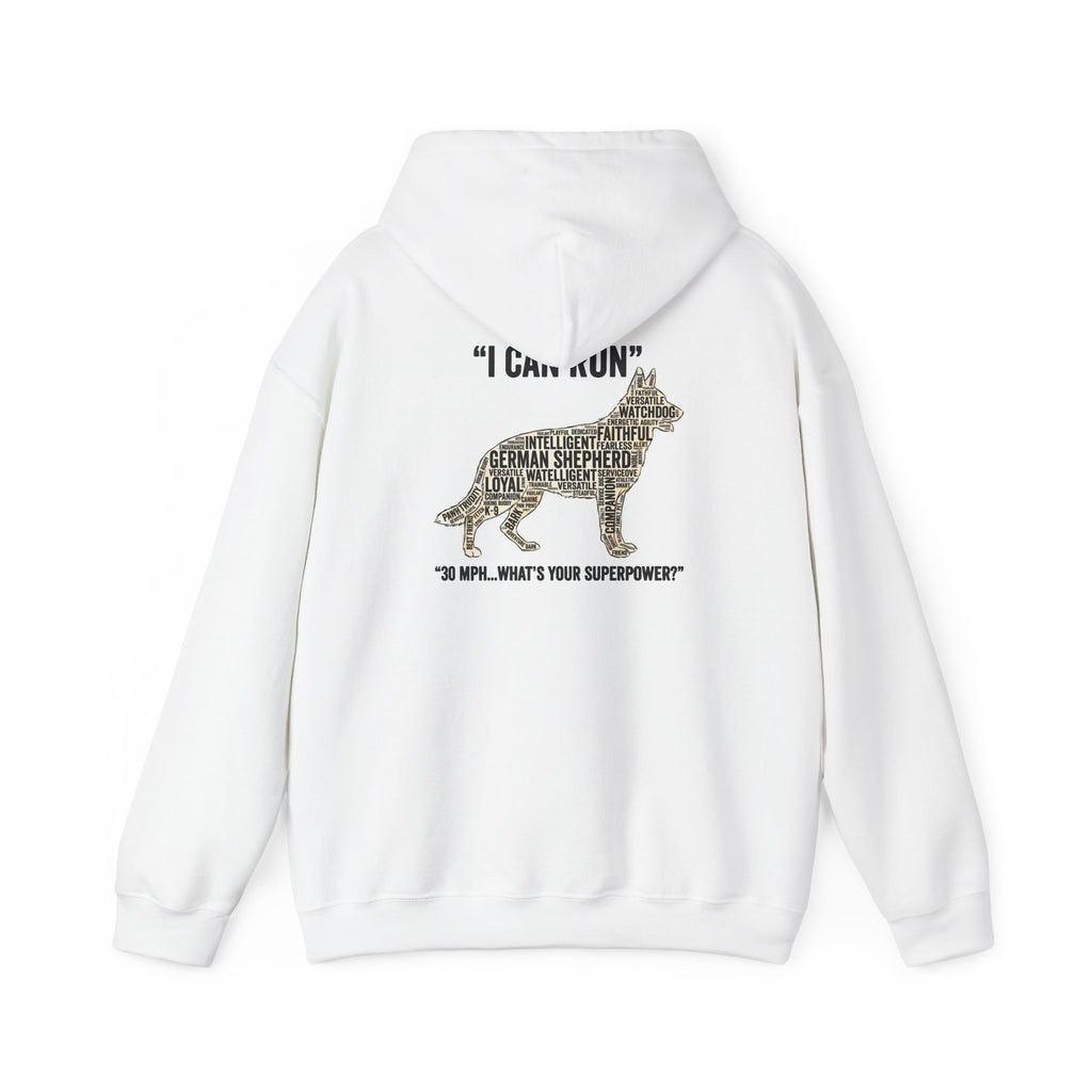 German Shepherd Hoodie - "I Can Run What's Your SuperPower" - Word Cloud Dog Silhouette Graphic Sweatshirt