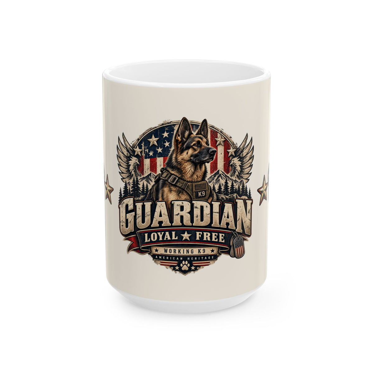 Guardian K9 Ceramic Mug – Loyal & Free American Flag German Shepherd Coffee Cup (11oz/15oz)